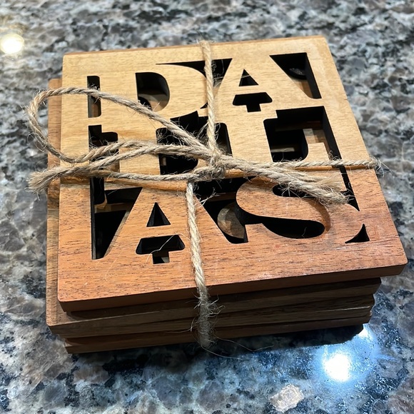 Other - “Dallas” Wooden 4 Coaster Set Texas State Laser Cut